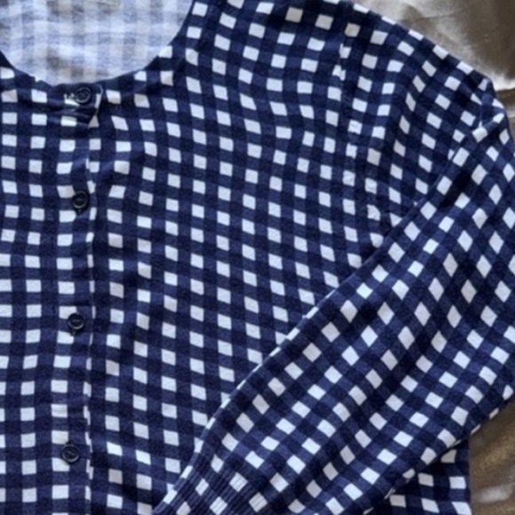 Navy/White Gingham Cotton Cardigan Houndstooth Plaid Button Front 3/4 Sleeve MED - Picture 10 of 10